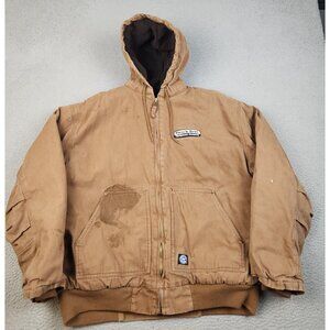 VTG Canvas Jacket Men's XLT Hooded Duck Brown Quilt Lined Workwear Logo THRASHED